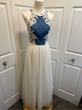 Blondie Nites Blue and White Lace Halter Prom Gown